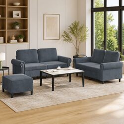 3 Piece Velvet Sofa Set in Grey with Footstool