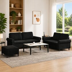 Compact 3 Piece Sofa Set in Black Velvet