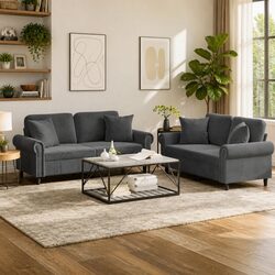 Grey Velvet 2 Piece Sofa Set with Pillows for Living Room