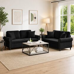 2 Piece Velvet Sofa Set with Black Finish and Pillows