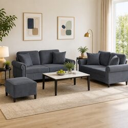 3 Piece Sofa Set: Grey Velvet Upholstery with Footstool