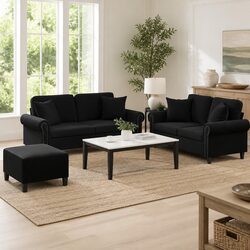 3 Piece Sofa Set in Black Velvet with Footstool and Pillows