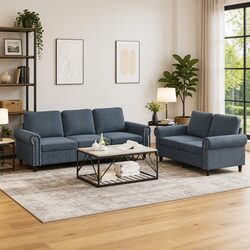 2 Piece Sofa Set with Grey Velvet Upholstery and Sturdy Frame