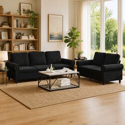 2 Piece Sofa Set with Black Velvet Upholstery