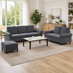 3 Piece Sofa Set with Footstool in Grey Velvet