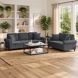 Grey Velvet 2 Piece Sofa Set with Cushions