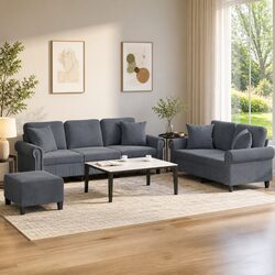 3 Piece Sofa Set in Grey Velvet with Footstool and Pillows