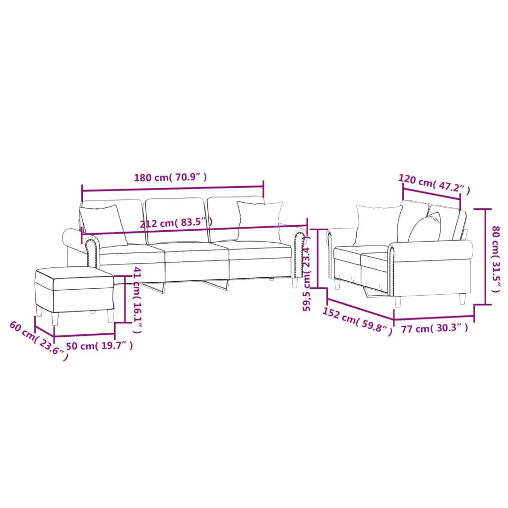 3 Piece Sofa Set with Footstool Throw Pillows Grey Velvet Living Room Furniture