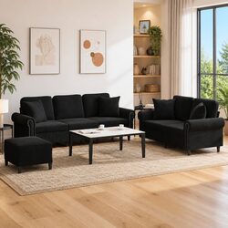 3 Piece Sofa Set: Black Velvet with Pillows & Footstool