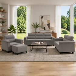 4 Piece Grey Microfibre Sofa Set with Footstool
