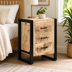 Solid Mango Wood Bedside Cabinet with 3 Drawers