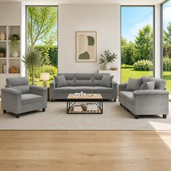 3 Piece Sofa Set with Grey Microfibre Fabric and Pillows
