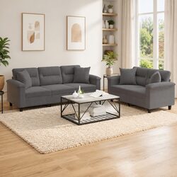 2 Piece Sofa Set in Grey Microfibre Fabric with Pillows