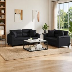 2 Piece Black Faux Leather Sofa Set with Pillows