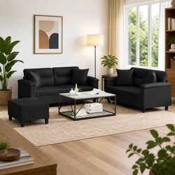 3 Piece Sofa Set in Black Faux Leather with Footstool