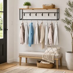 Brown Wooden Peg Coat Rack Wall Shelf with 6 Hooks