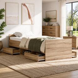 90x190 cm Bed Frame with Headboard and Storage in Brown