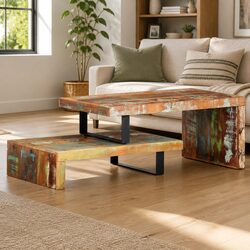 2 Piece Coffee Table Set with Reclaimed Wood and Iron Legs