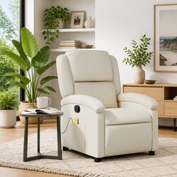 Manual Recline Massage Recliner Chair in Cream Faux Leather