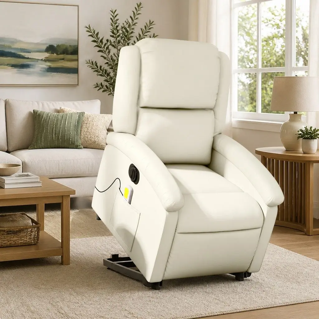 Electric Recliner Chair with Power Lift and Massage Cream Faux Leather Adjustable Backrest and Footrest