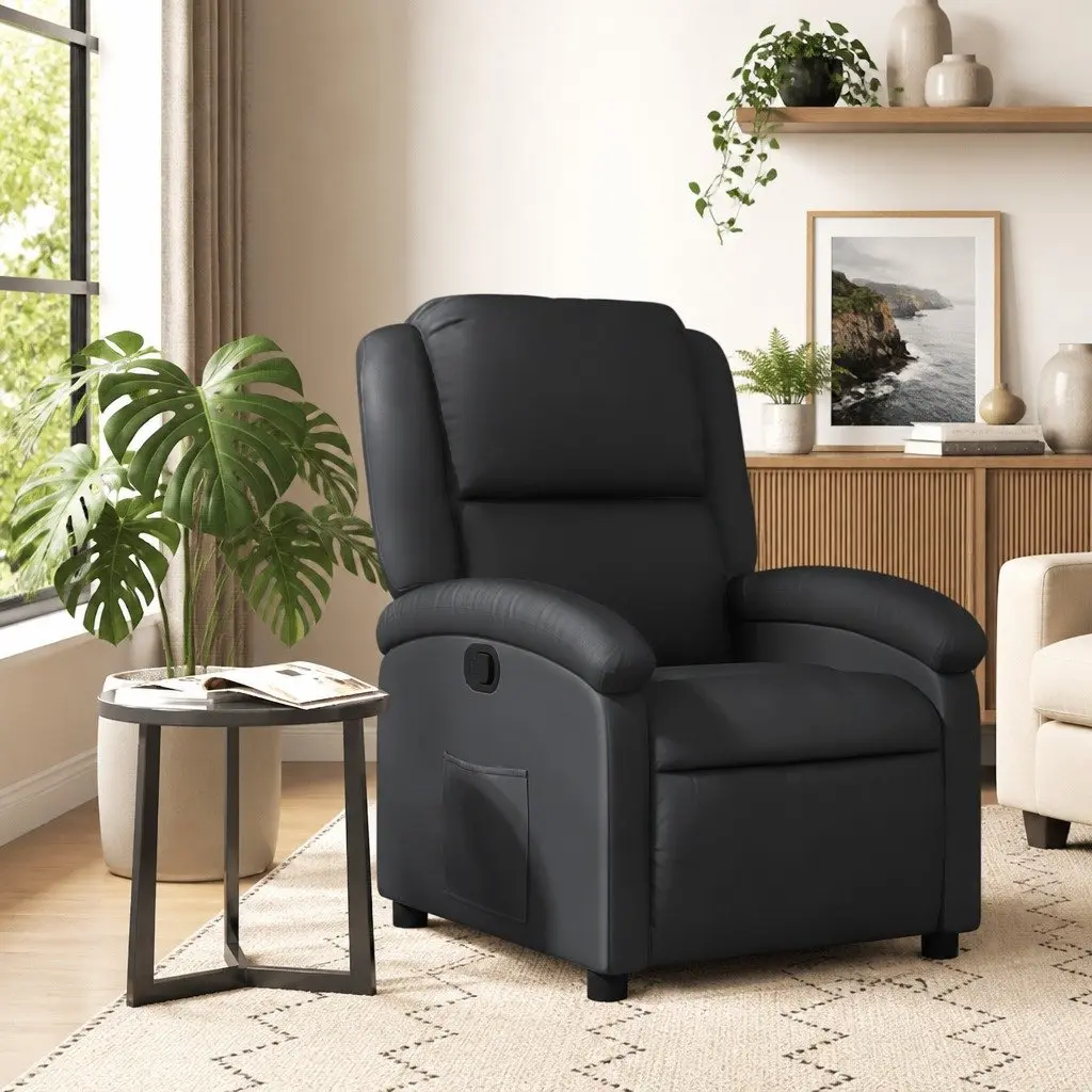 Recliner Chair Manual Reclining Comfort Black Real Leather