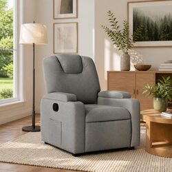 Manual Reclining Armchair in Grey Fabric with Cup Holders