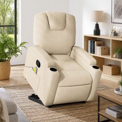 Cream Fabric Power Lift Massage Recliner Chair