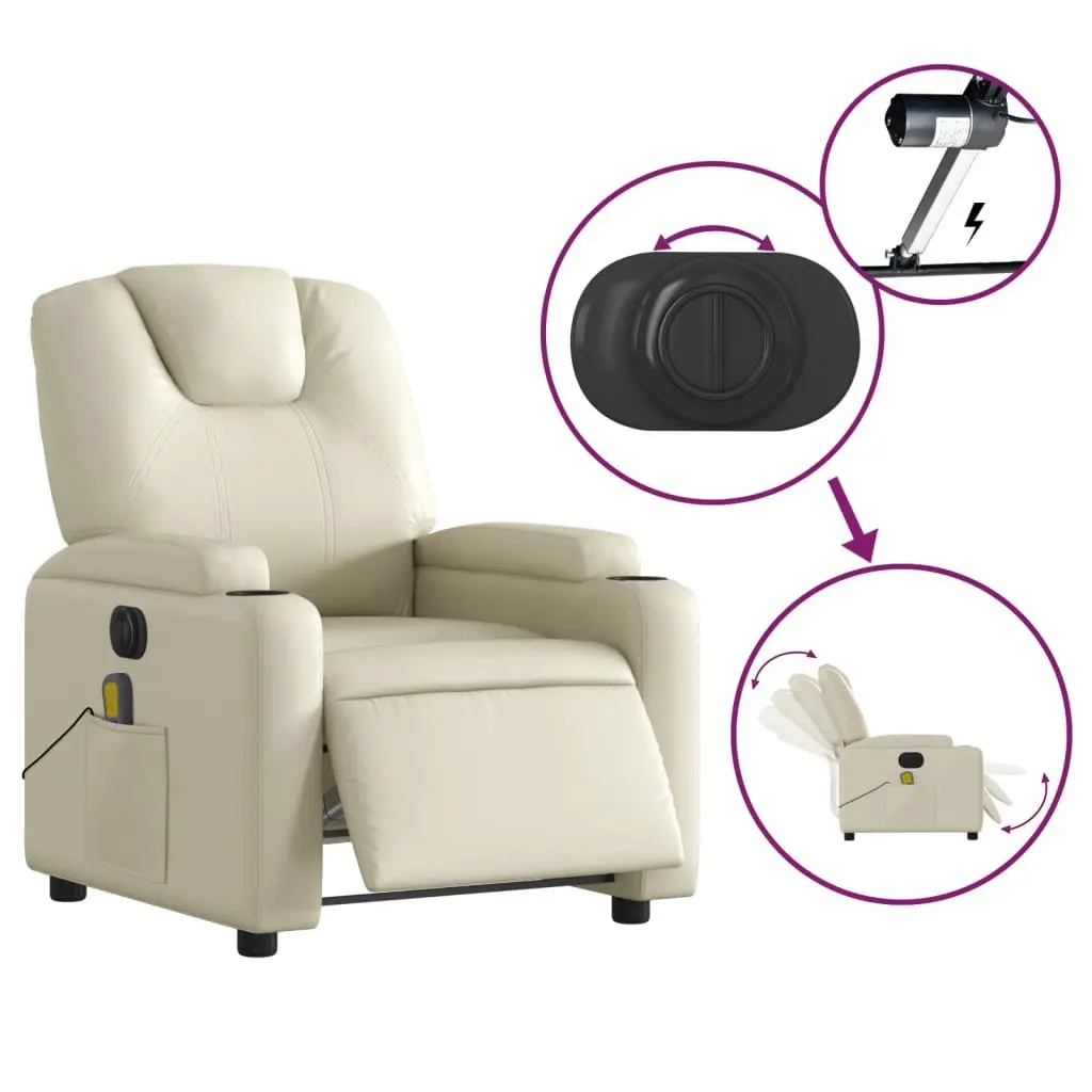 Electric Massage Recliner Chair Cream Faux Leather Armchair Vibration Footrest