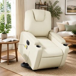 Electric Stand Up Massage Recliner Chair in Cream Faux Leather