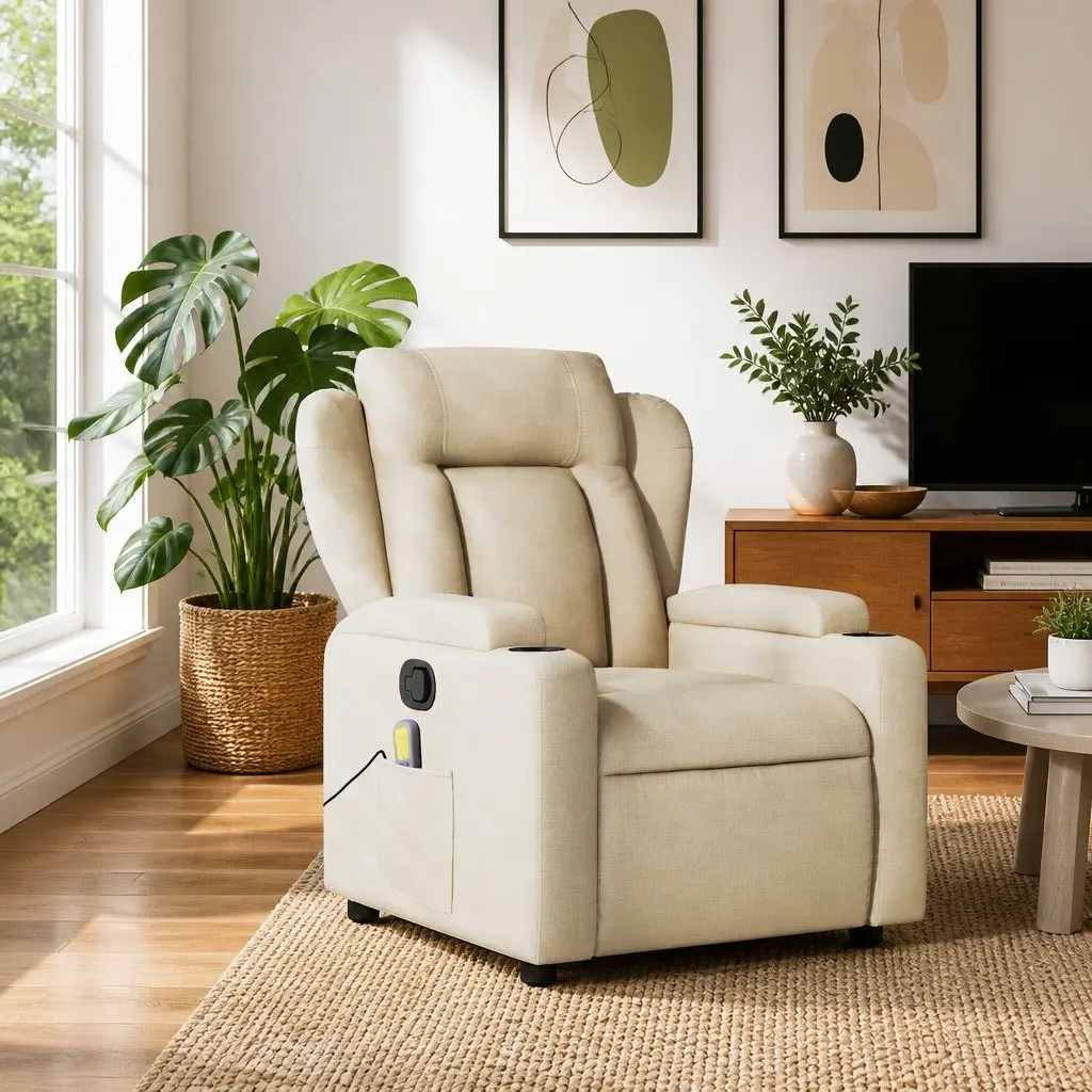 Massage Recliner Chair Manual Recline Cream Fabric 6 Points Vibration