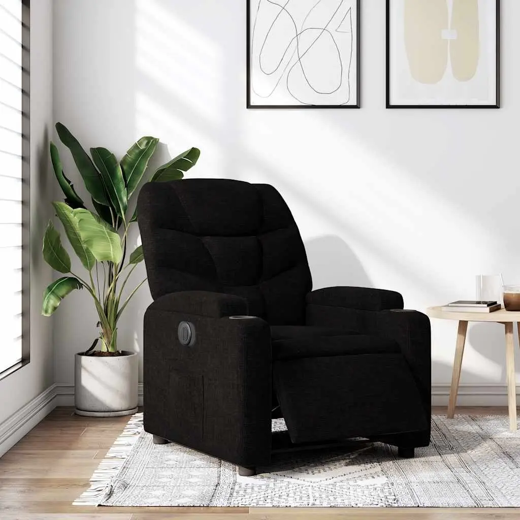 Electric Recliner Armchair Motorized Black Fabric Thick Padding Cup Holders Footrest