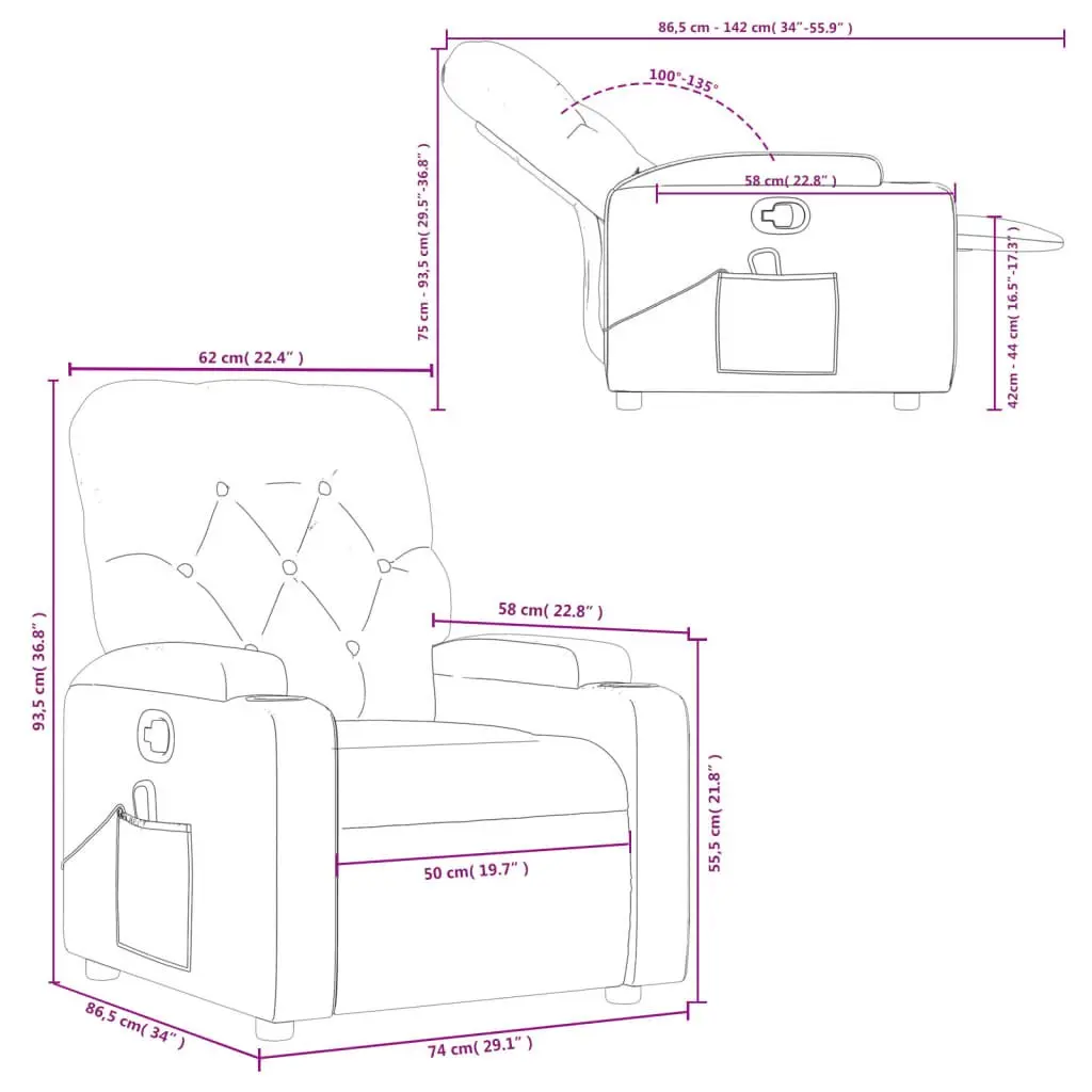 Massage Recliner Chair Manual Reclining Function 135 Degrees Grey Fabric