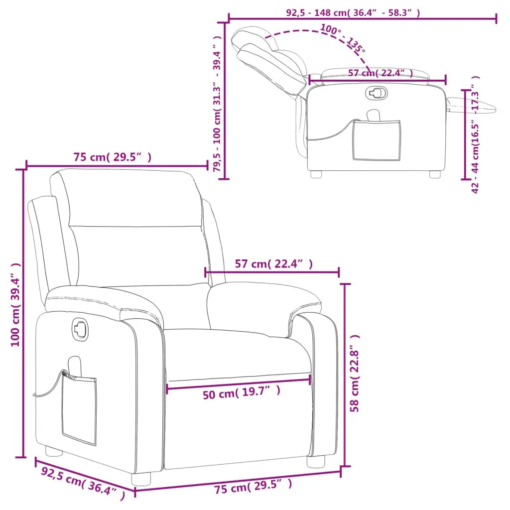 Massage Recliner Chair Manual Recline Grey Fabric 135 Degrees