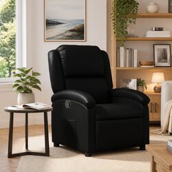 Manual Reclining Armchair in Black Faux Leather with Adjustable Footrest
