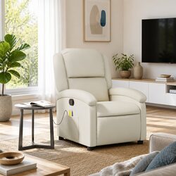 Manual Reclining Massage Chair Cream Faux Leather 6-Point