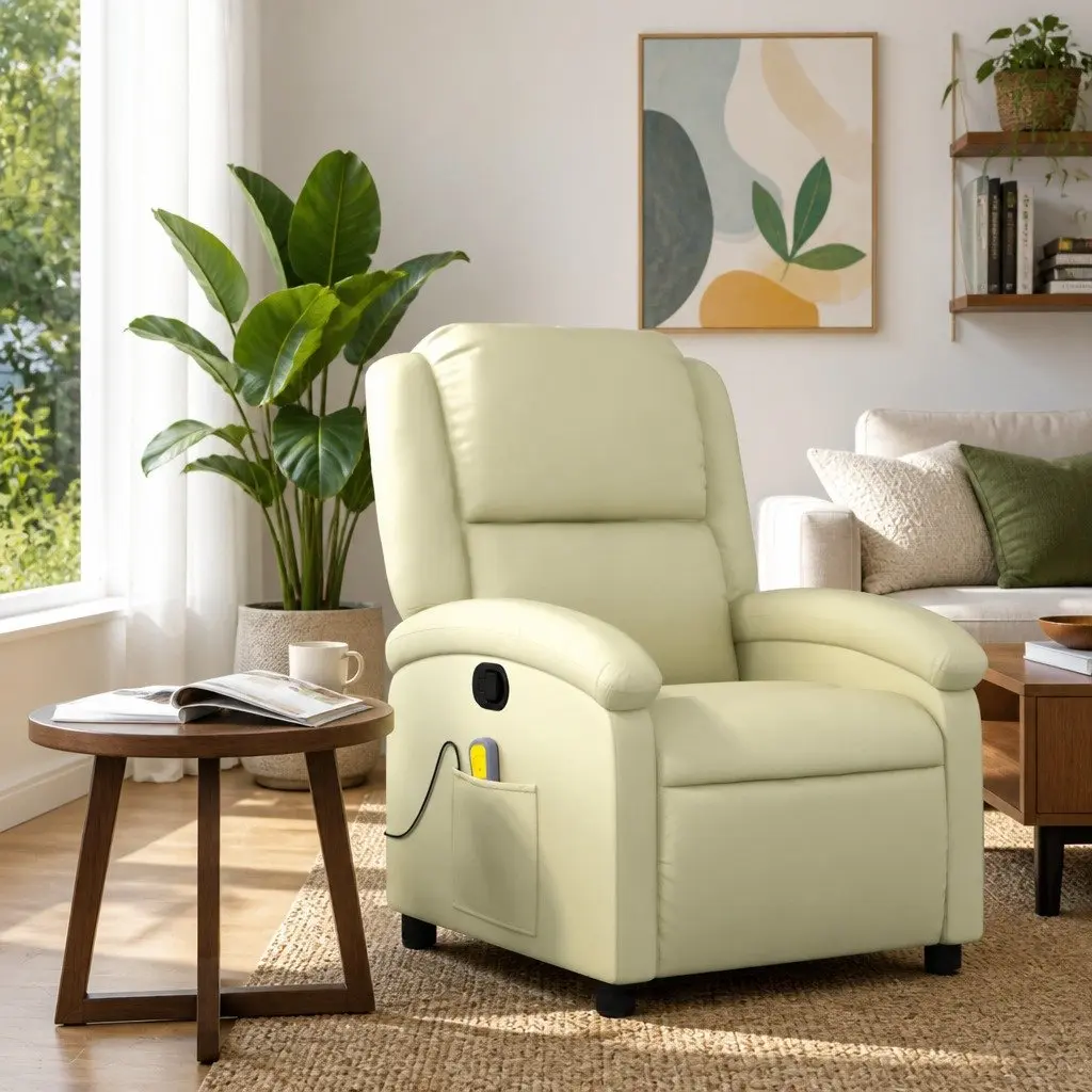 Massage Recliner Chair Manual Recline Cream Leather 6 Points Vibration Armchair