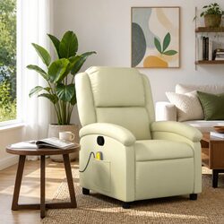 Manual Recline Massage Recliner Chair in Cream Leather