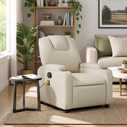 Manual Reclining Massage Chair in Cream Faux Leather