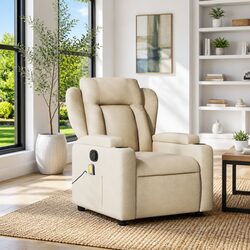 Manual Recline Massage Chair Cream Fabric Lounge with Cup Holders