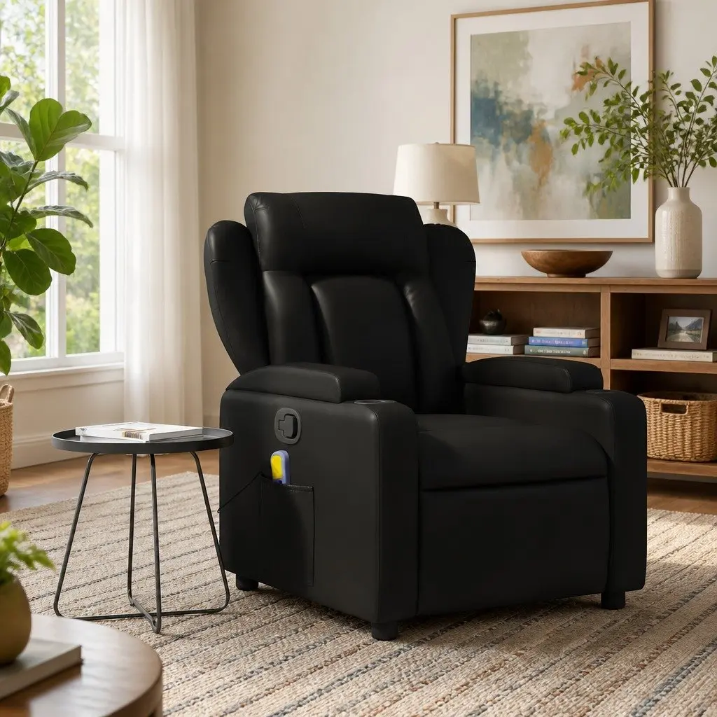 Massage Chair Vibration Comfort Black Faux Leather Manual Recline Adjustable Footrest
