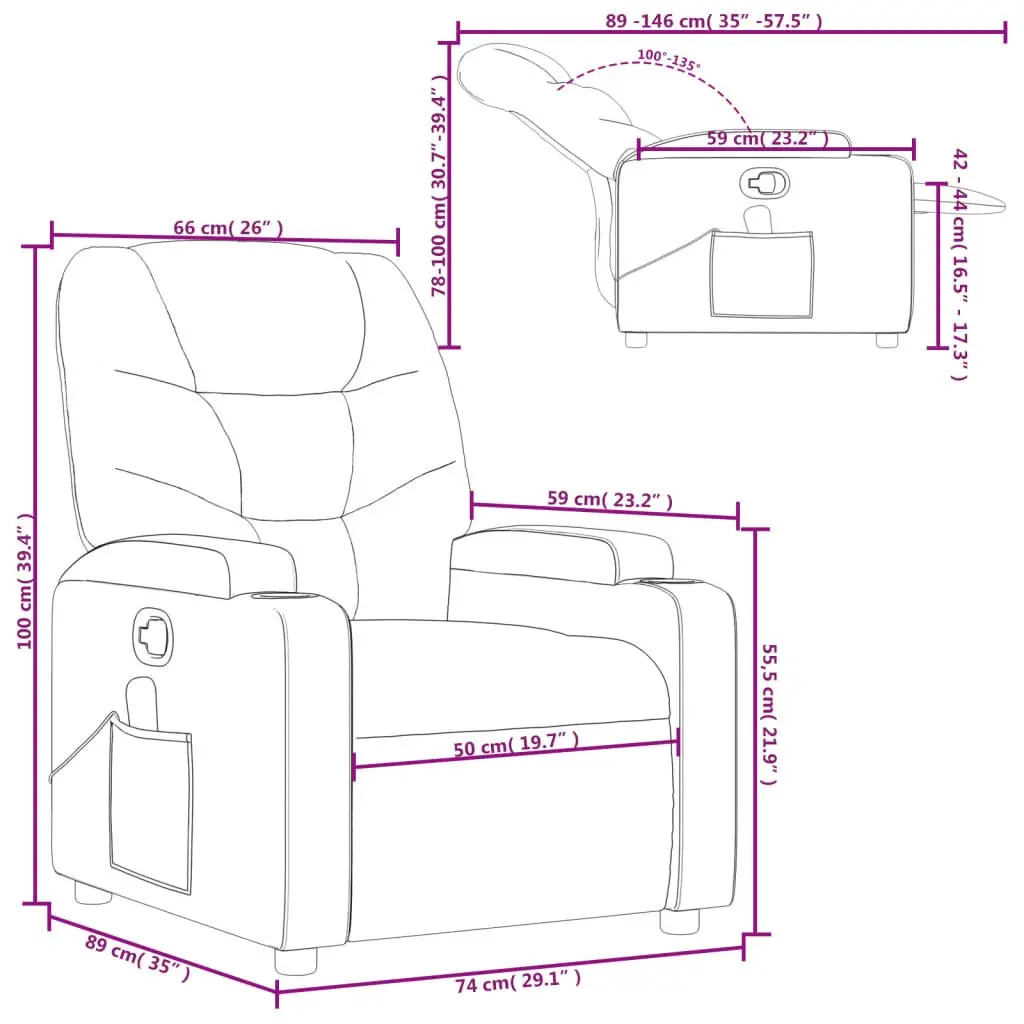 Massage Recliner Chair Manual Reclining Grey Fabric 135 Degrees with Vibration Massage and Cup Holders