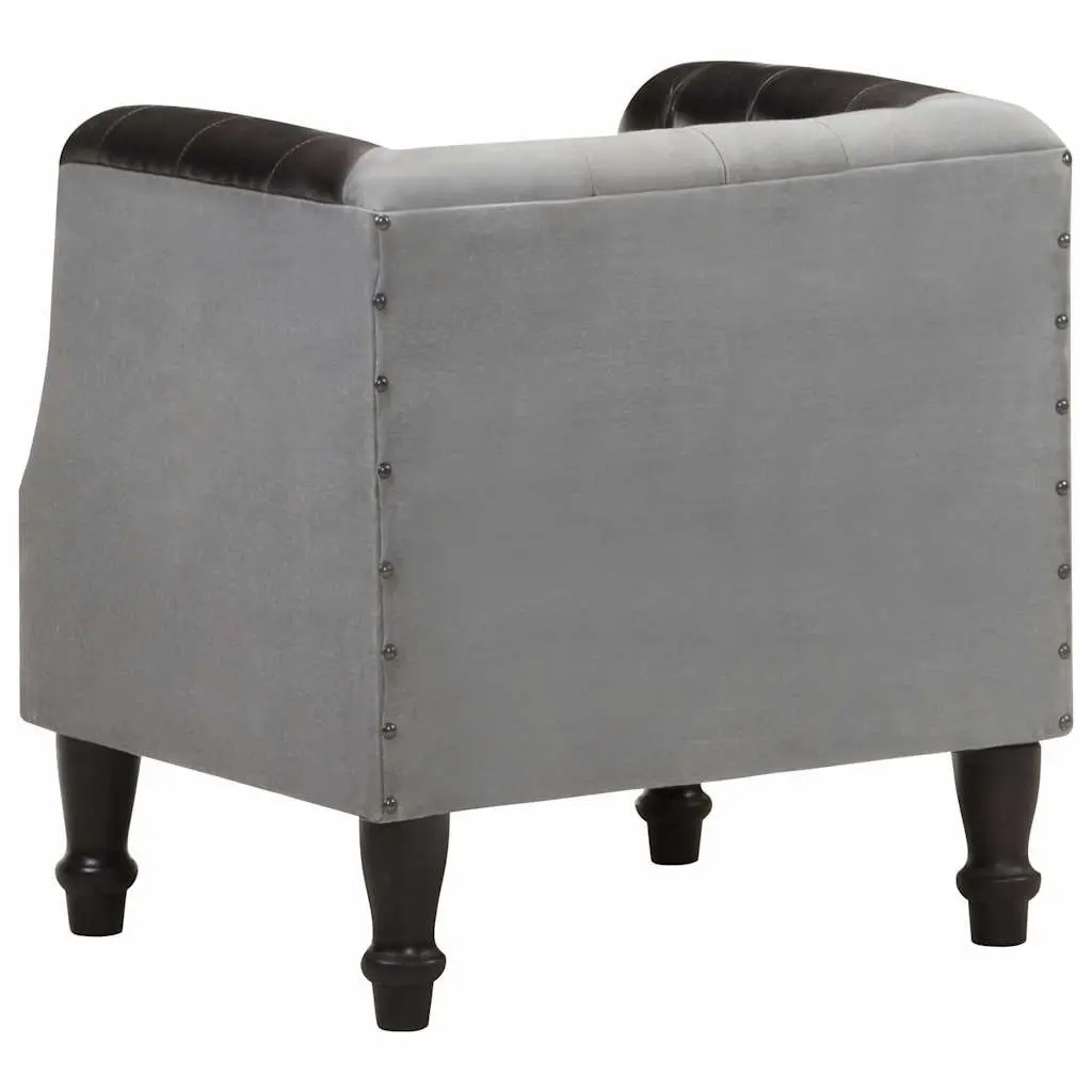 Black Leather Tub Chair with Solid Mango Wood Legs Curved Armrest Padded Seat