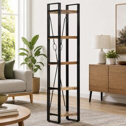 5-Tier Bookcase with Solid Mango Wood and Steel Frame