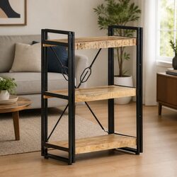 Solid Mango Wood 3-Tier Bookcase with Steel Frame