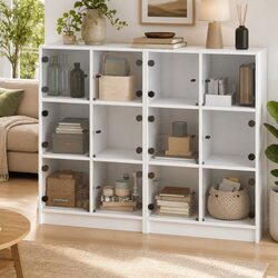 White Engineered Wood Bookcase with Glass Doors