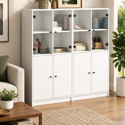 White Bookcase with Hinged Doors and Engineered Wood Design
