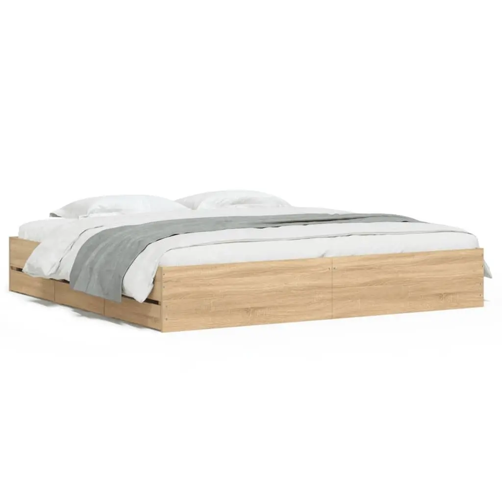 King Bed Frame with Storage Drawers Slatted Base 183x203cm Sonoma Oak Brown