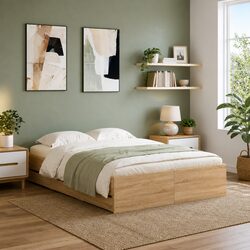 Functional Bed Frame with Drawers in Brown Engineered Wood