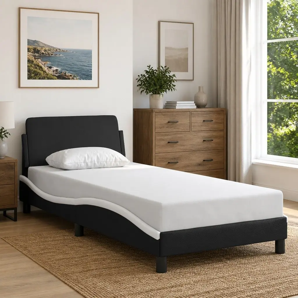 Bed Frame with Headboard 90x190 cm Black White Faux Leather Modern Bedroom