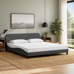 Queen Bed Frame with Plywood Slats and Grey Fabric Headboard
